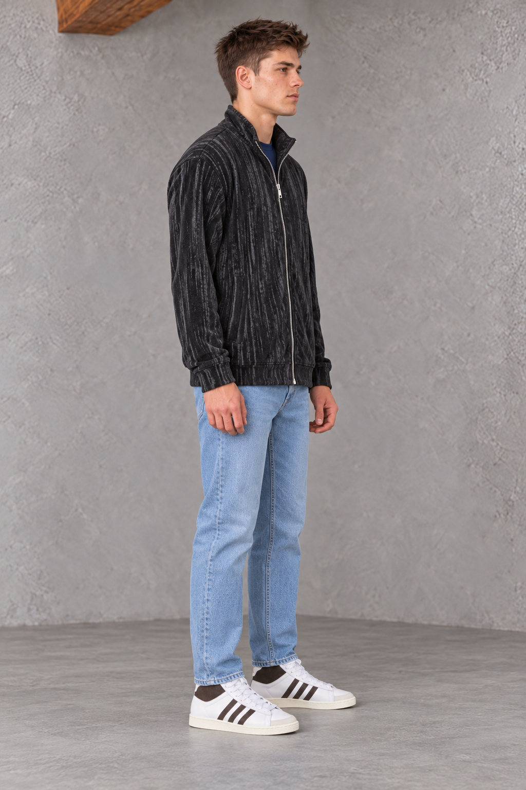 Men's Black Polar Texture Zip-Up Sweatshirt | Ultra Warm Knitted Winter Pullover