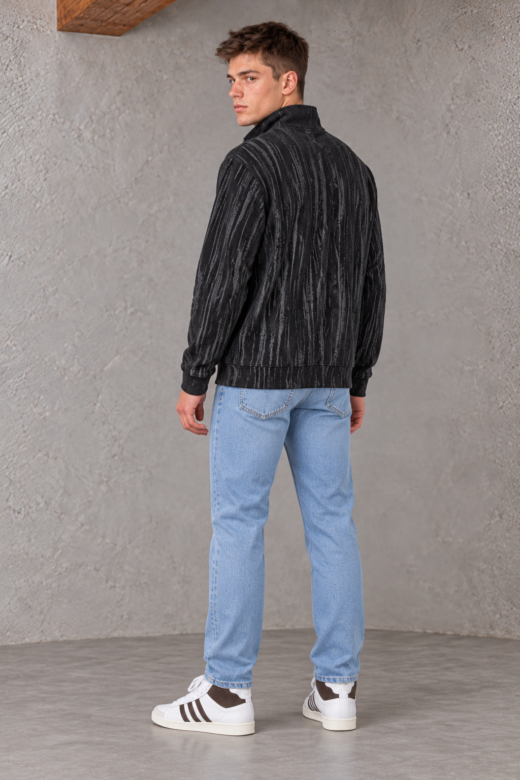 Men's Black Polar Texture Zip-Up Sweatshirt | Ultra Warm Knitted Winter Pullover