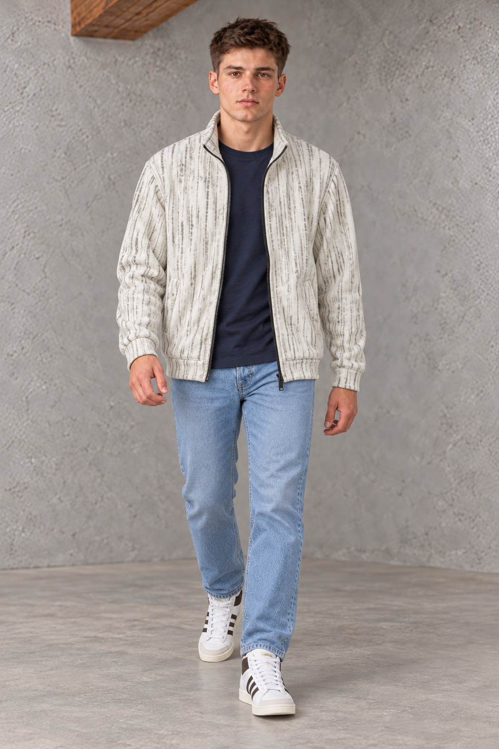 Men's Off-White Polar Texture Zip-Up Sweatshirt | Ultra Warm Knitted Winter Pullover