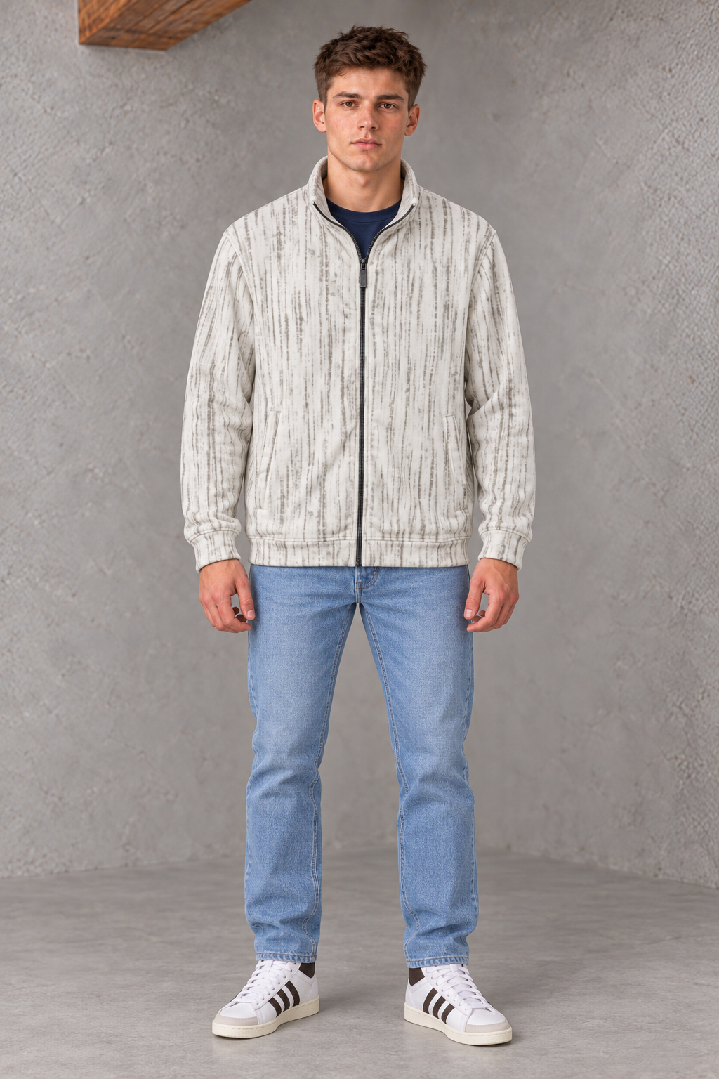 Men's Off-White Polar Texture Zip-Up Sweatshirt | Ultra Warm Knitted Winter Pullover