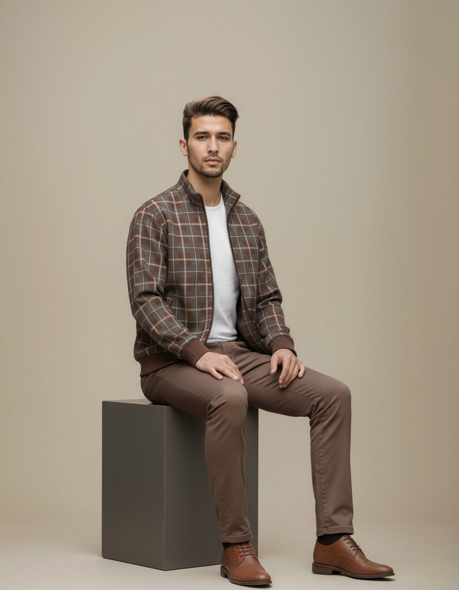 Octave Men Checked Mandrain Neck  Sweatshirt