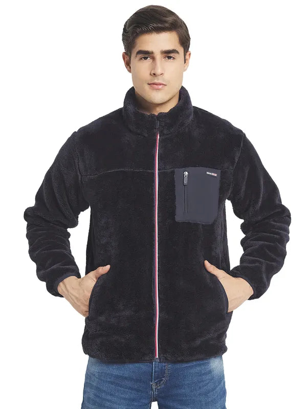 Octave Men Navy Blue Solid Fleece Front-Open Sweatshirt