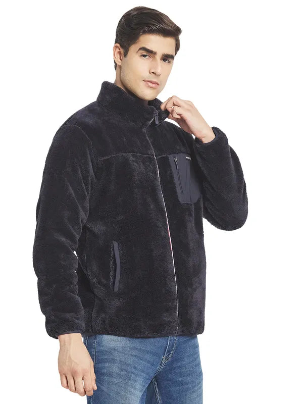 Octave Men Navy Blue Solid Fleece Front-Open Sweatshirt