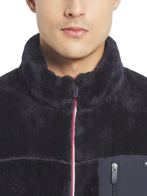 Octave Men Navy Blue Solid Fleece Front-Open Sweatshirt