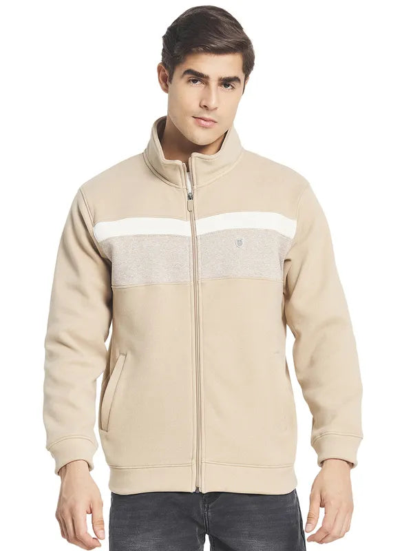 Octave Men Cream  White Colourblocked Front-Open Sweatshirt