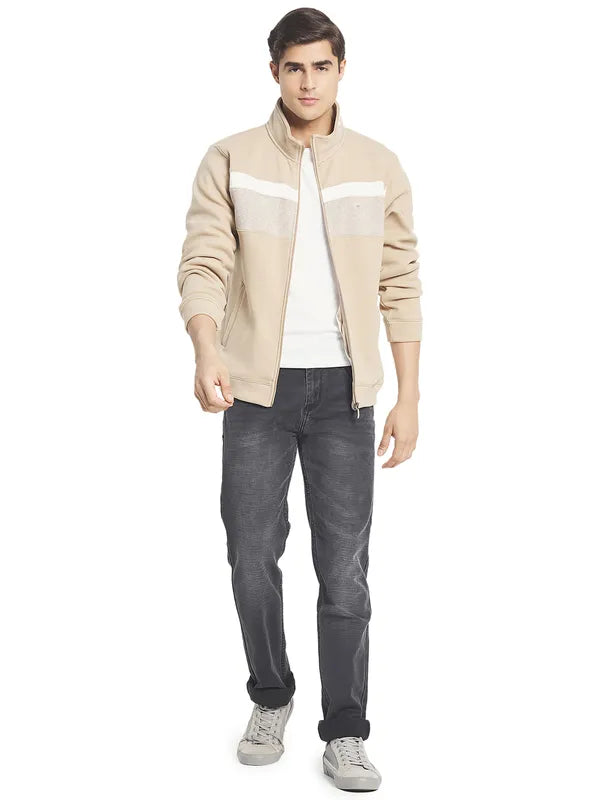 Octave Men Cream  White Colourblocked Front-Open Sweatshirt