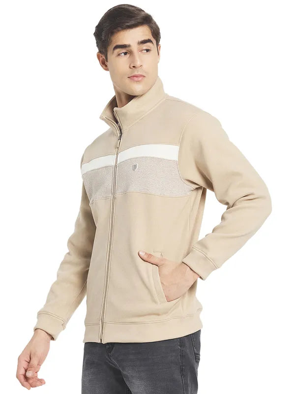 Octave Men Cream  White Colourblocked Front-Open Sweatshirt