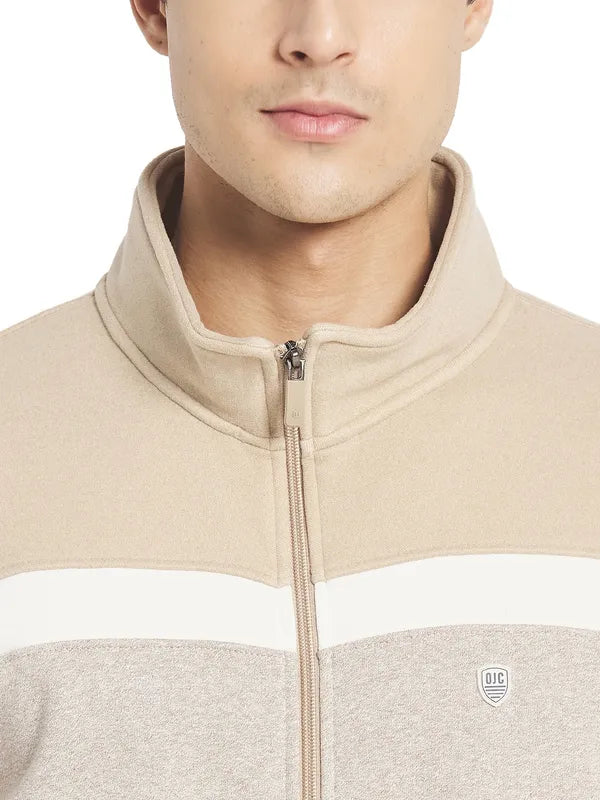 Octave Men Cream  White Colourblocked Front-Open Sweatshirt