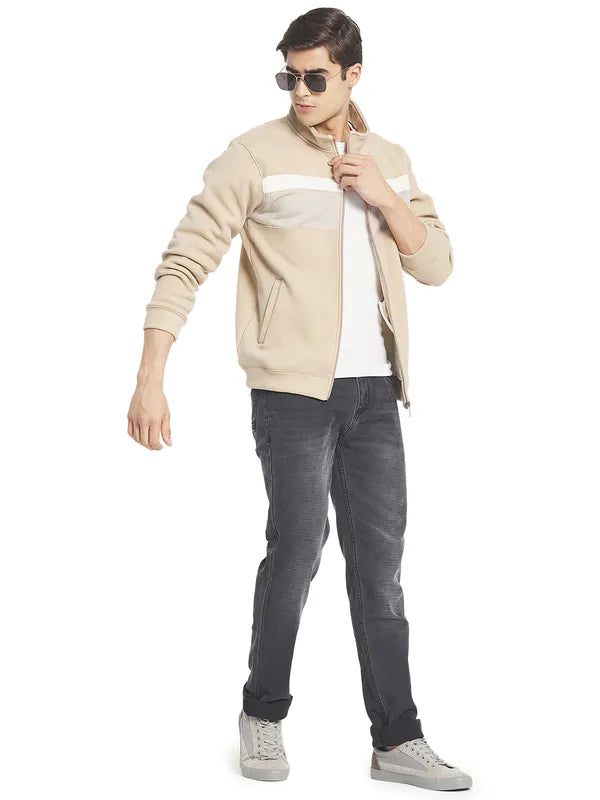 Octave Men Cream  White Colourblocked Front-Open Sweatshirt