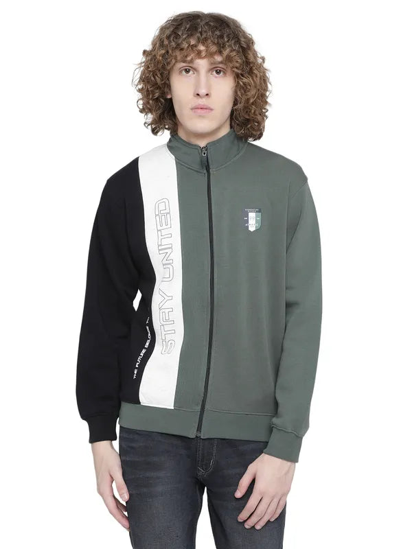 Octave Men Olive Green Colourblocked Fleece Sweatshirt