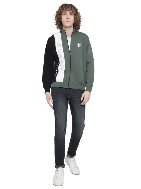 Octave Men Olive Green Colourblocked Fleece Sweatshirt