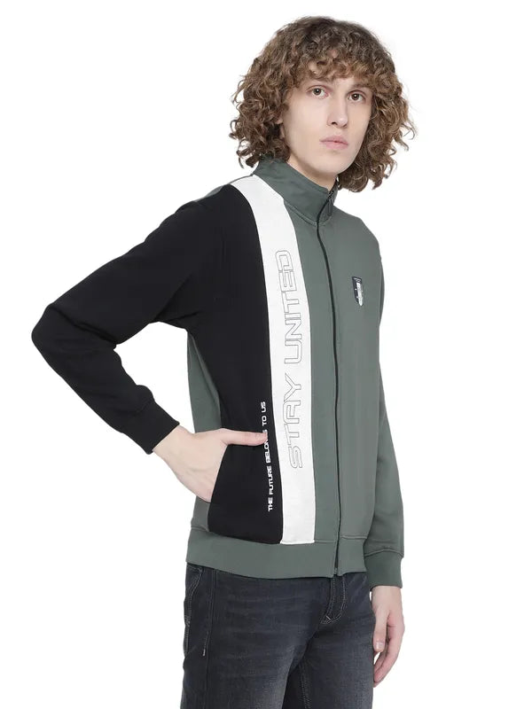 Octave Men Olive Green Colourblocked Fleece Sweatshirt