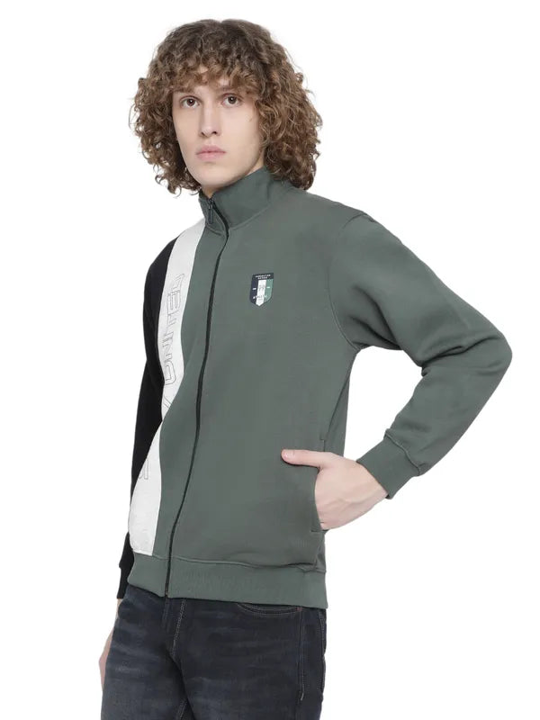 Octave Men Olive Green Colourblocked Fleece Sweatshirt