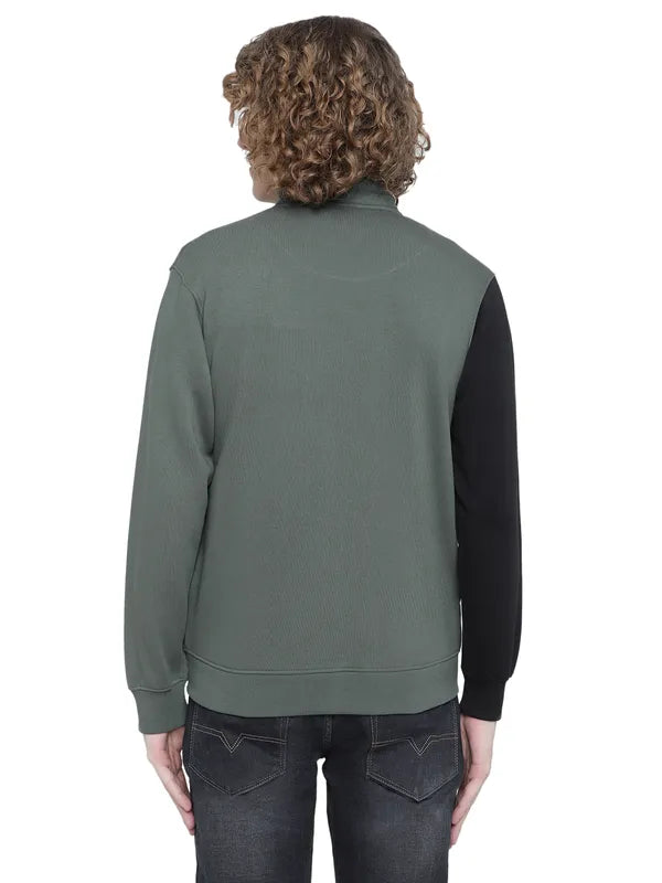 Octave Men Olive Green Colourblocked Fleece Sweatshirt