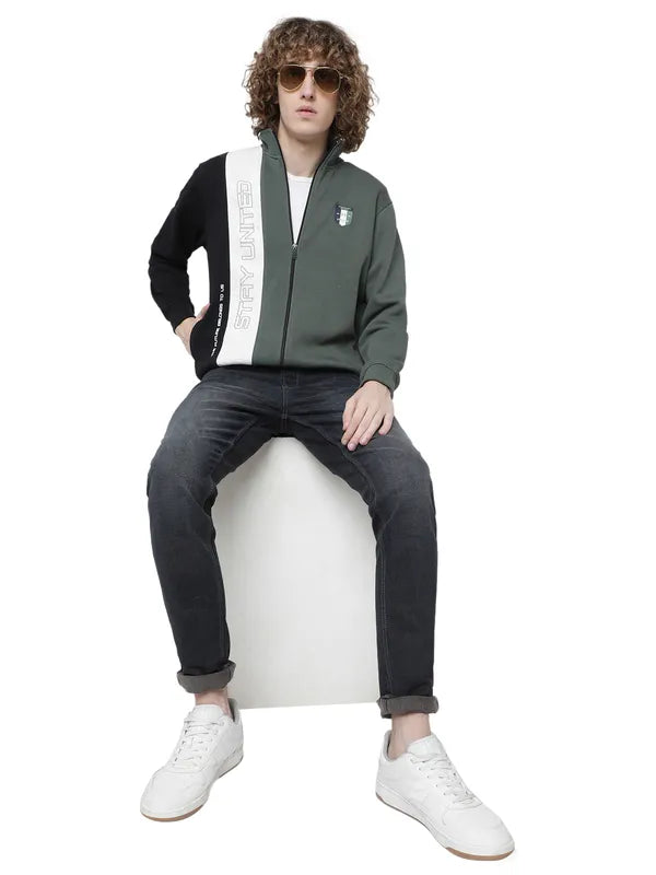 Octave Men Olive Green Colourblocked Fleece Sweatshirt