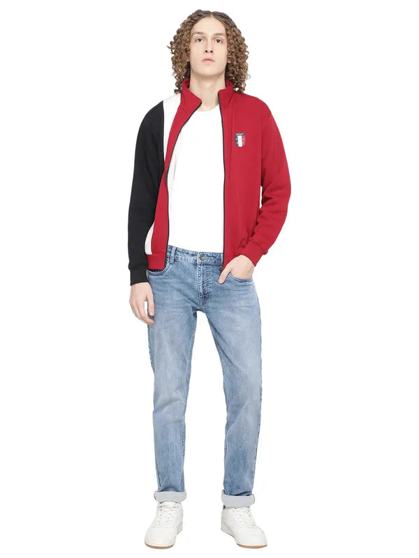 Octave Men Red Colourblocked Fleece Sweatshirt