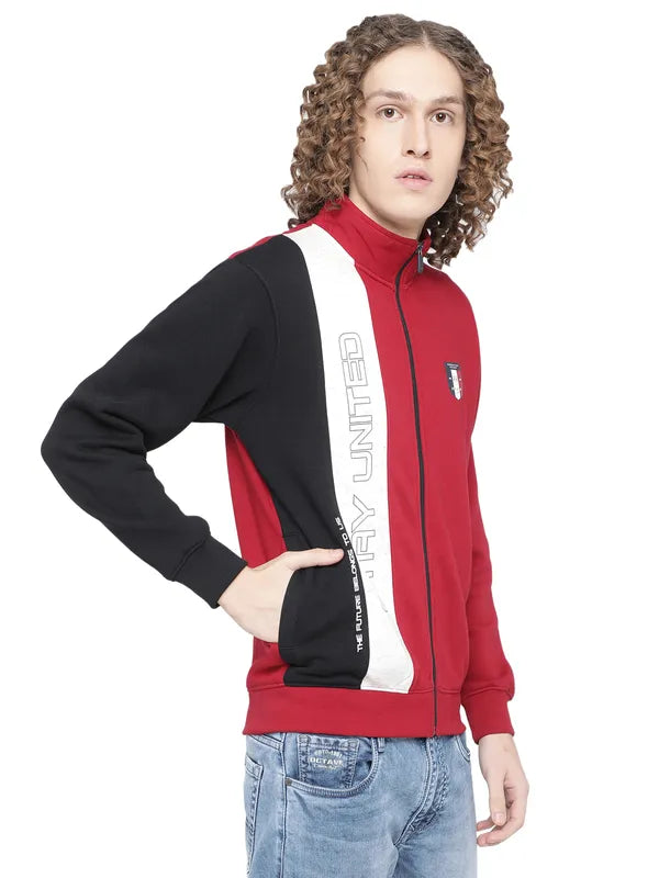 Octave Men Red Colourblocked Fleece Sweatshirt