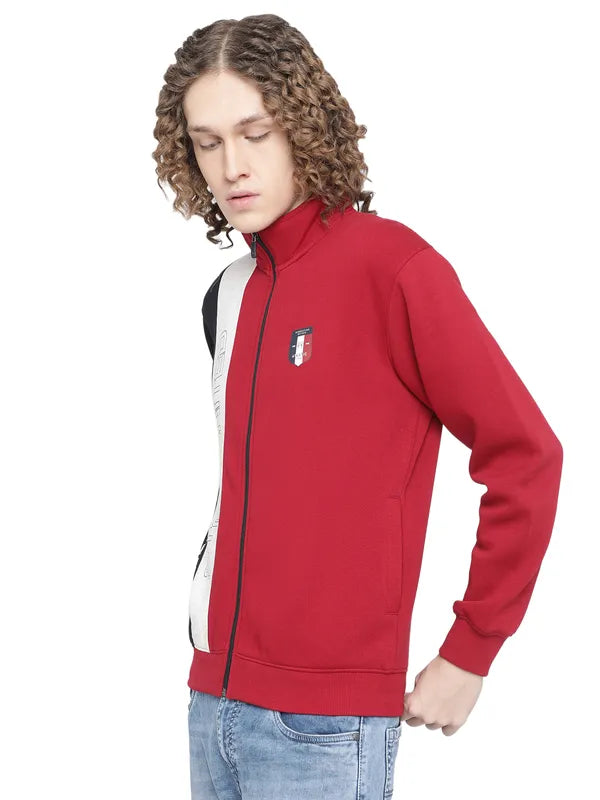 Octave Men Red Colourblocked Fleece Sweatshirt