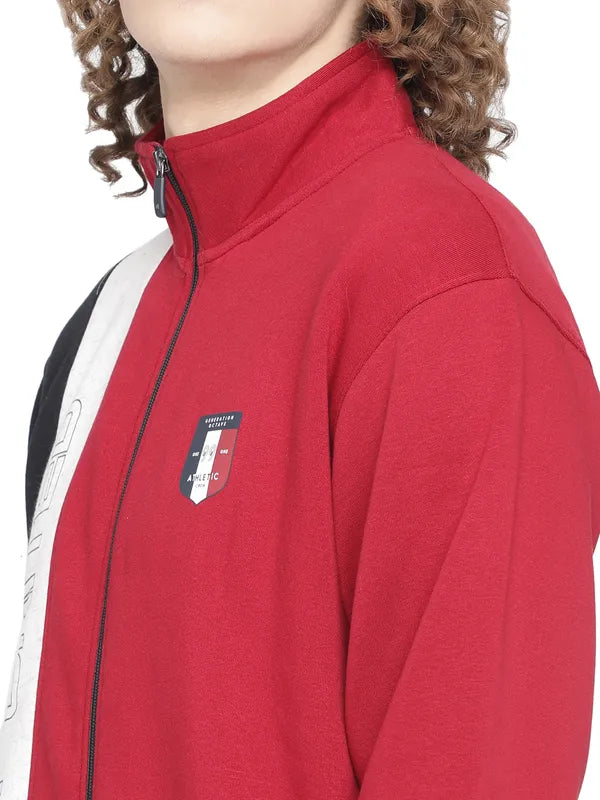 Octave Men Red Colourblocked Fleece Sweatshirt