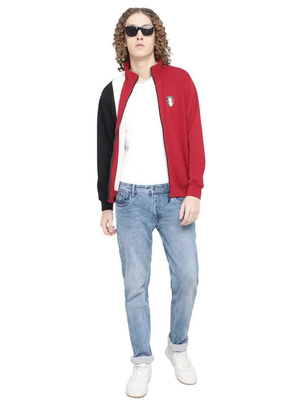 Octave Men Red Colourblocked Fleece Sweatshirt