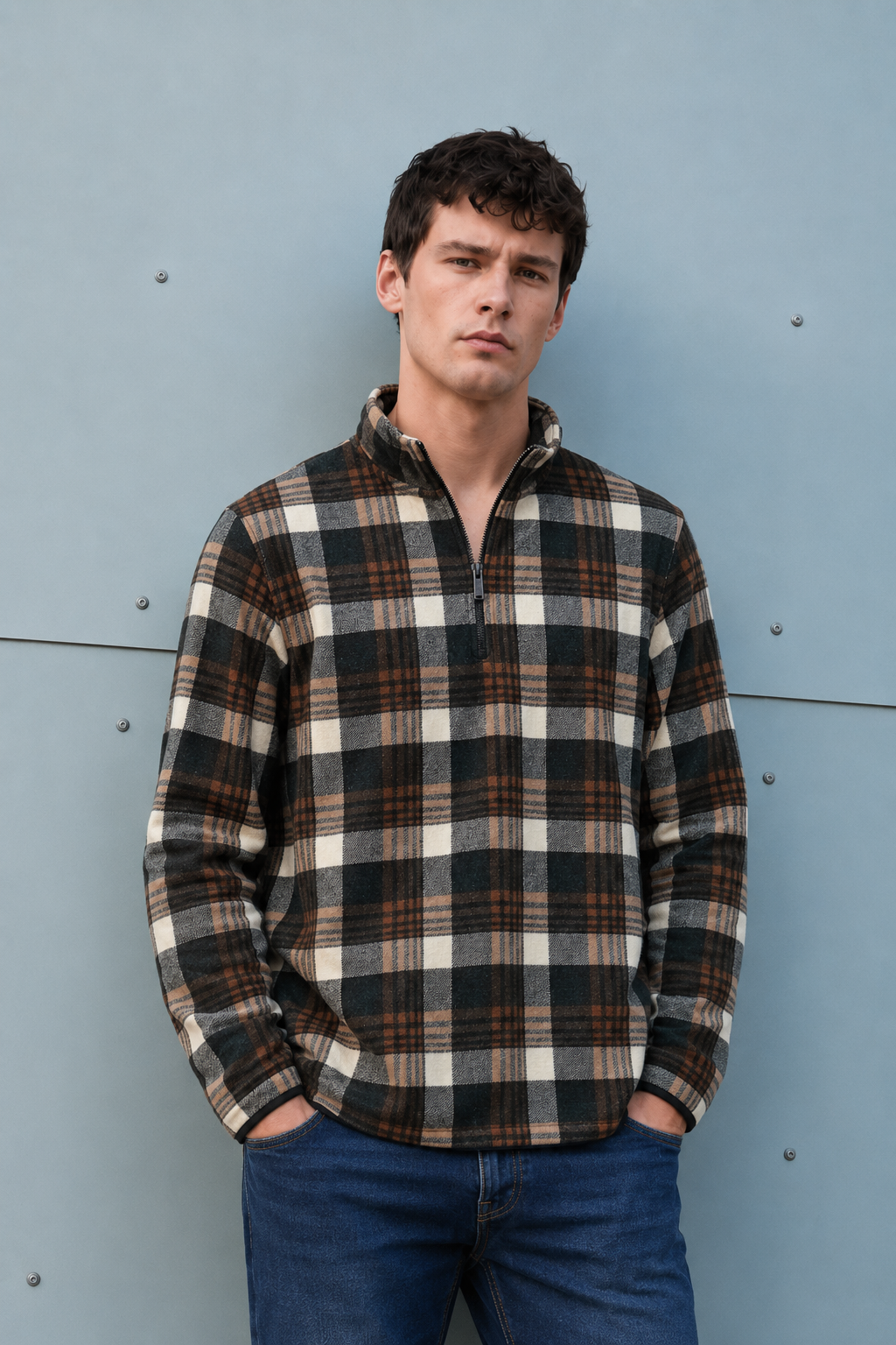 Men’s Dark Olive Coral Bonded Check Sweatshirt – Regular Fit Half-Zip Winter Pullover