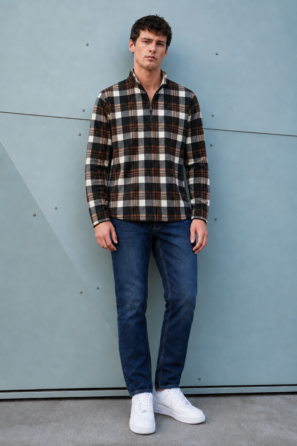 Men’s Dark Olive Coral Bonded Check Sweatshirt – Regular Fit Half-Zip Winter Pullover