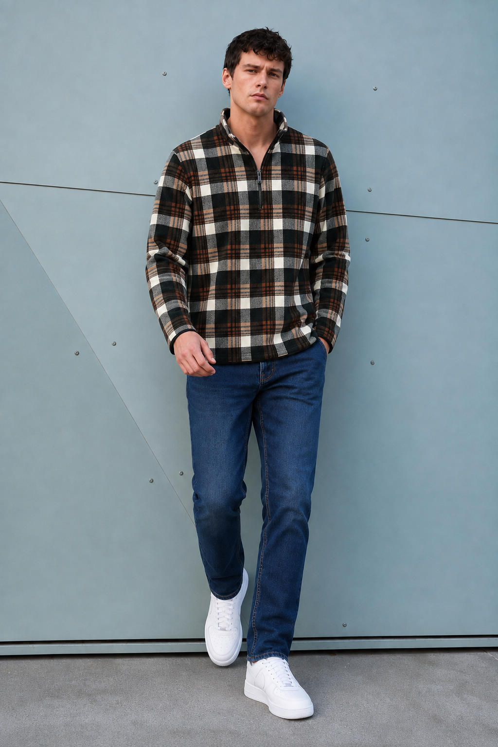 Men’s Dark Olive Coral Bonded Check Sweatshirt – Regular Fit Half-Zip Winter Pullover