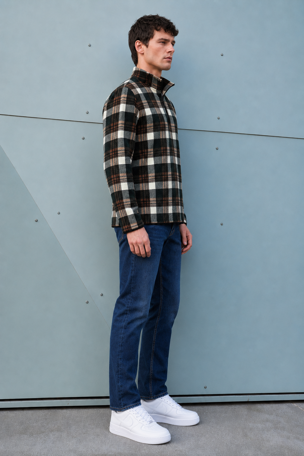 Men’s Dark Olive Coral Bonded Check Sweatshirt – Regular Fit Half-Zip Winter Pullover