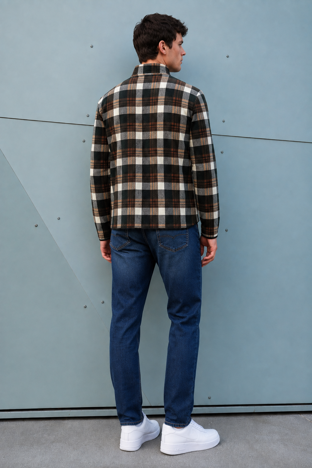 Men’s Dark Olive Coral Bonded Check Sweatshirt – Regular Fit Half-Zip Winter Pullover