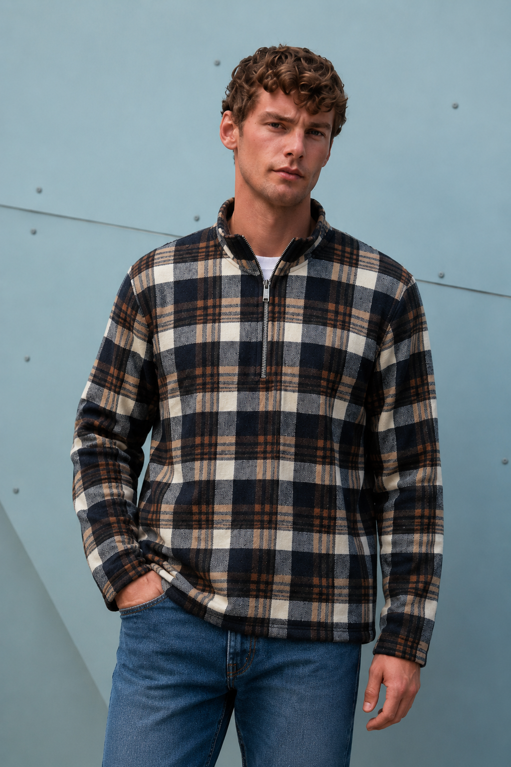 Men’s Navy Coral Bonded Check Sweatshirt – Regular Fit Half-Zip Winter Pullover