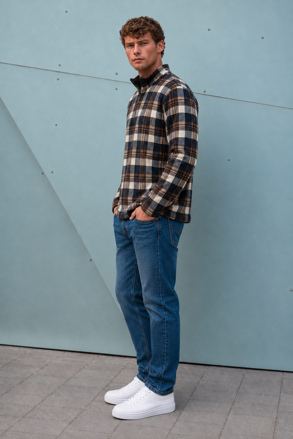 Men’s Navy Coral Bonded Check Sweatshirt – Regular Fit Half-Zip Winter Pullover