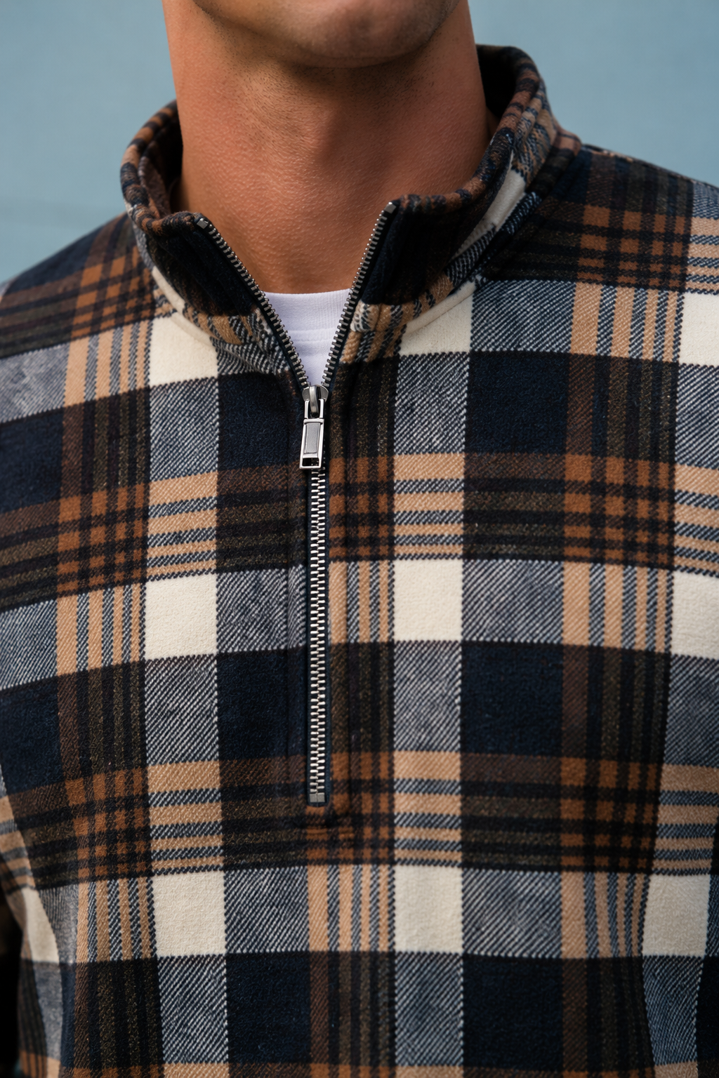 Men’s Navy Coral Bonded Check Sweatshirt – Regular Fit Half-Zip Winter Pullover