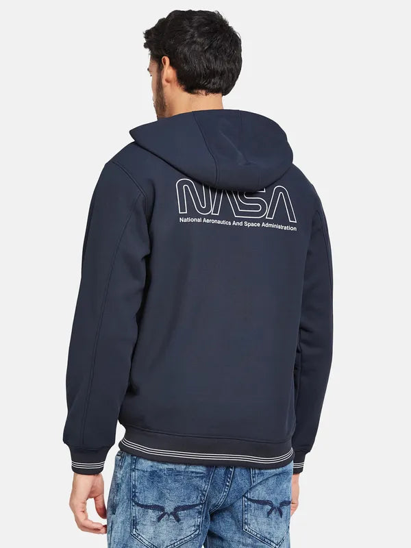 Octave Men Navy Blue Printed Hooded Sweatshirt