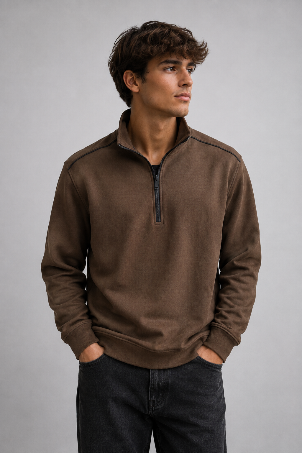 Men’s Espresso Knitted Suede Half-Zip Sweatshirt – Regular Fit Full Sleeve Winter Pullover