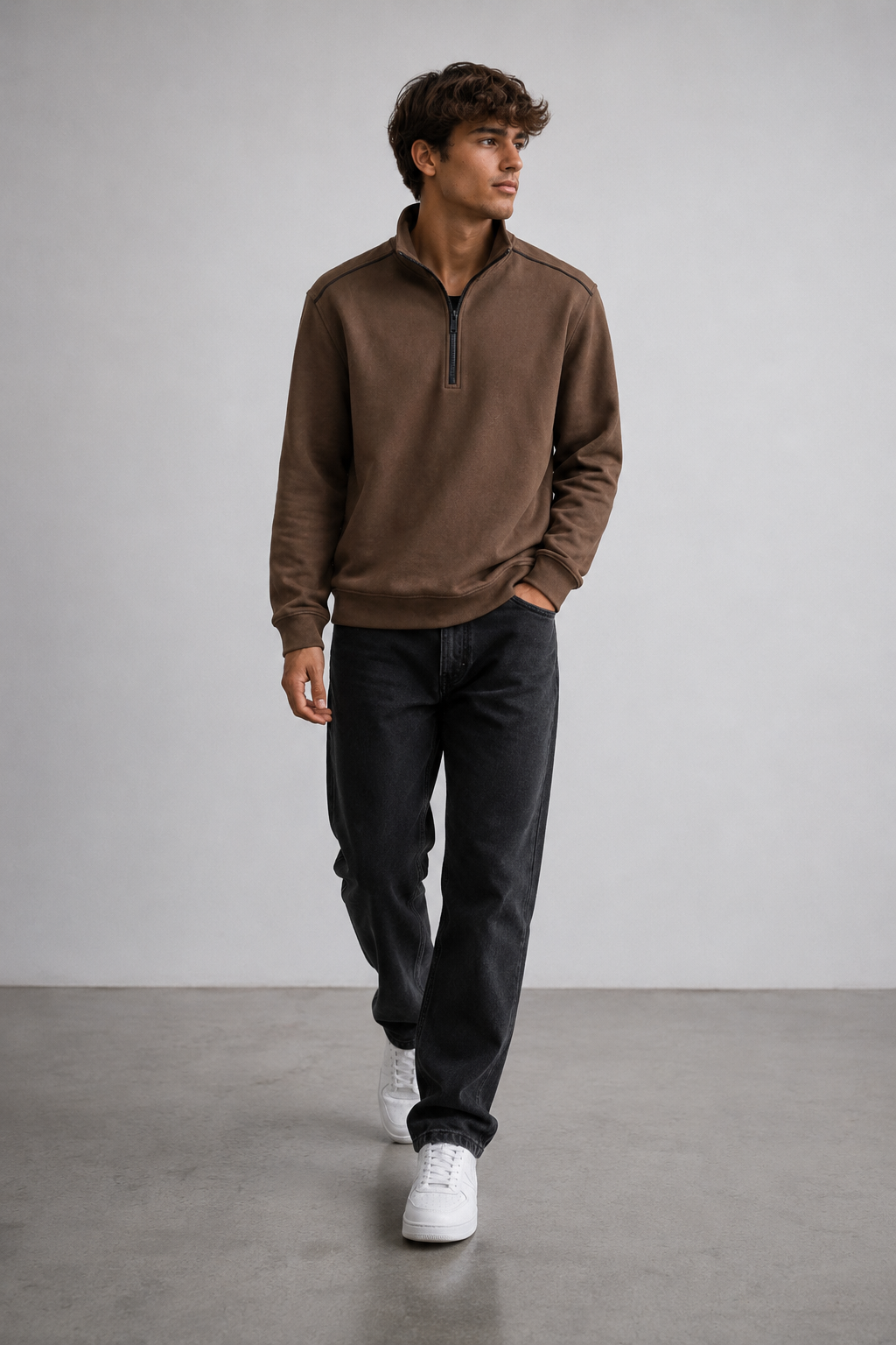Men’s Espresso Knitted Suede Half-Zip Sweatshirt – Regular Fit Full Sleeve Winter Pullover