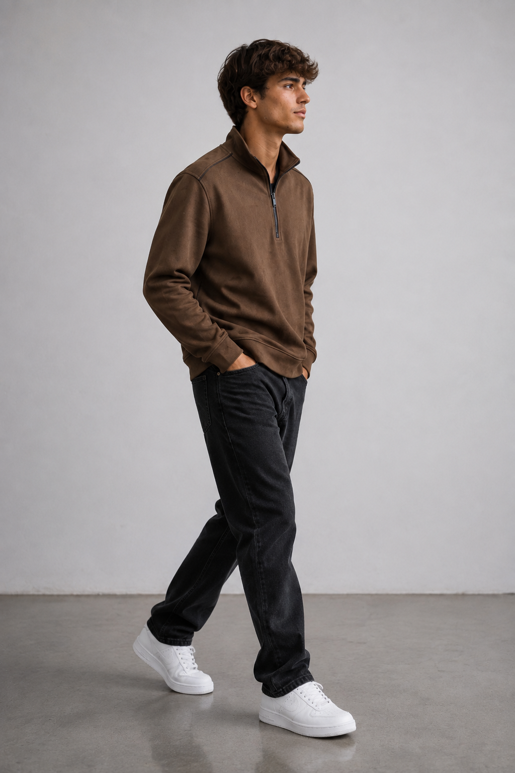 Men’s Espresso Knitted Suede Half-Zip Sweatshirt – Regular Fit Full Sleeve Winter Pullover