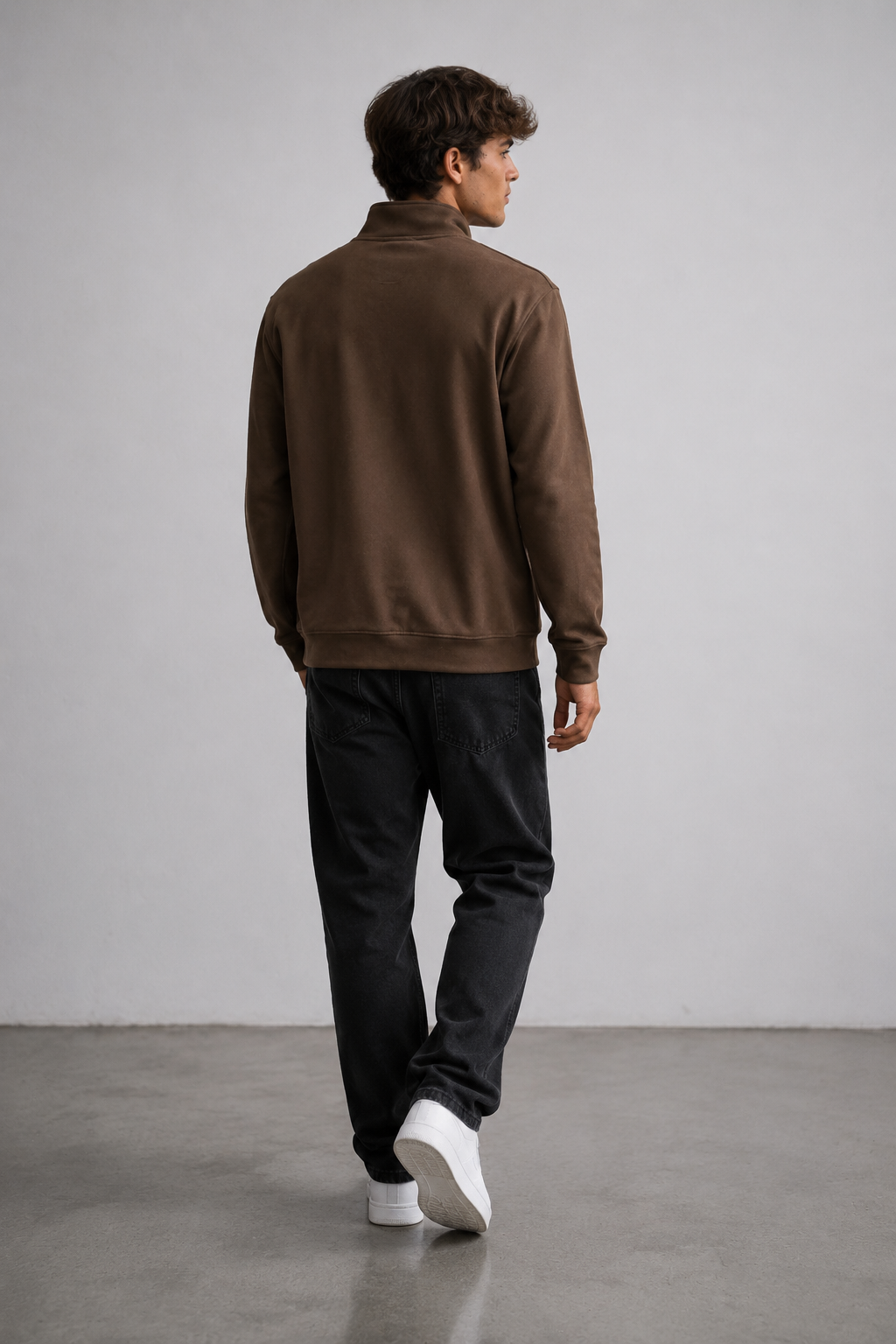 Men’s Espresso Knitted Suede Half-Zip Sweatshirt – Regular Fit Full Sleeve Winter Pullover