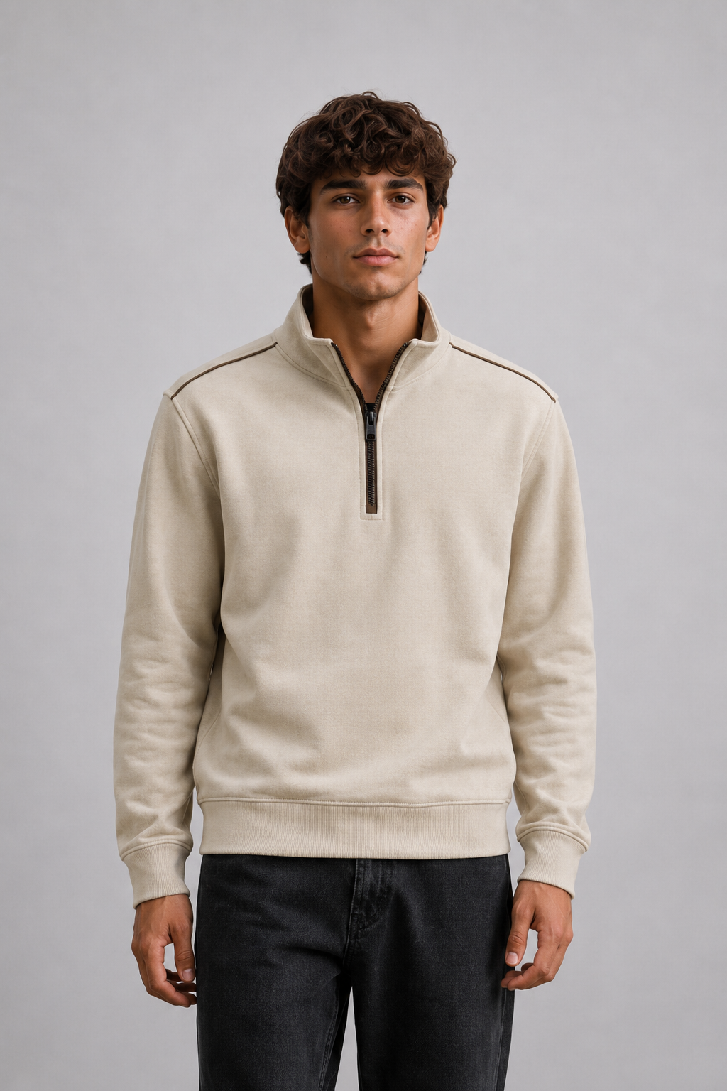 Men’s Onyx Knitted Suede Half-Zip Sweatshirt – Regular Fit Full Sleeve Winter Pullover