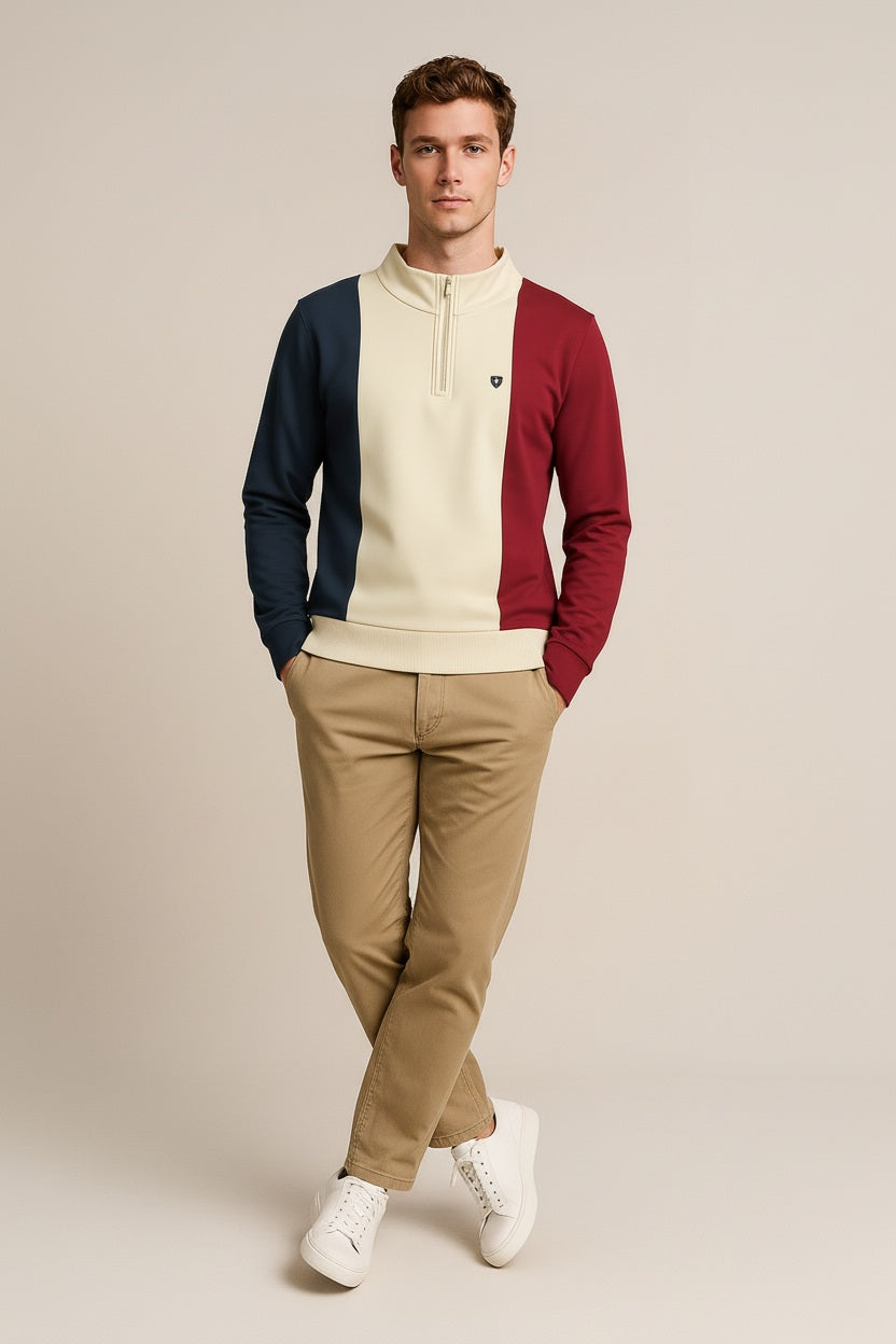 Octave Men Sand Colourblocked Mandarin Neck Sweatshirt