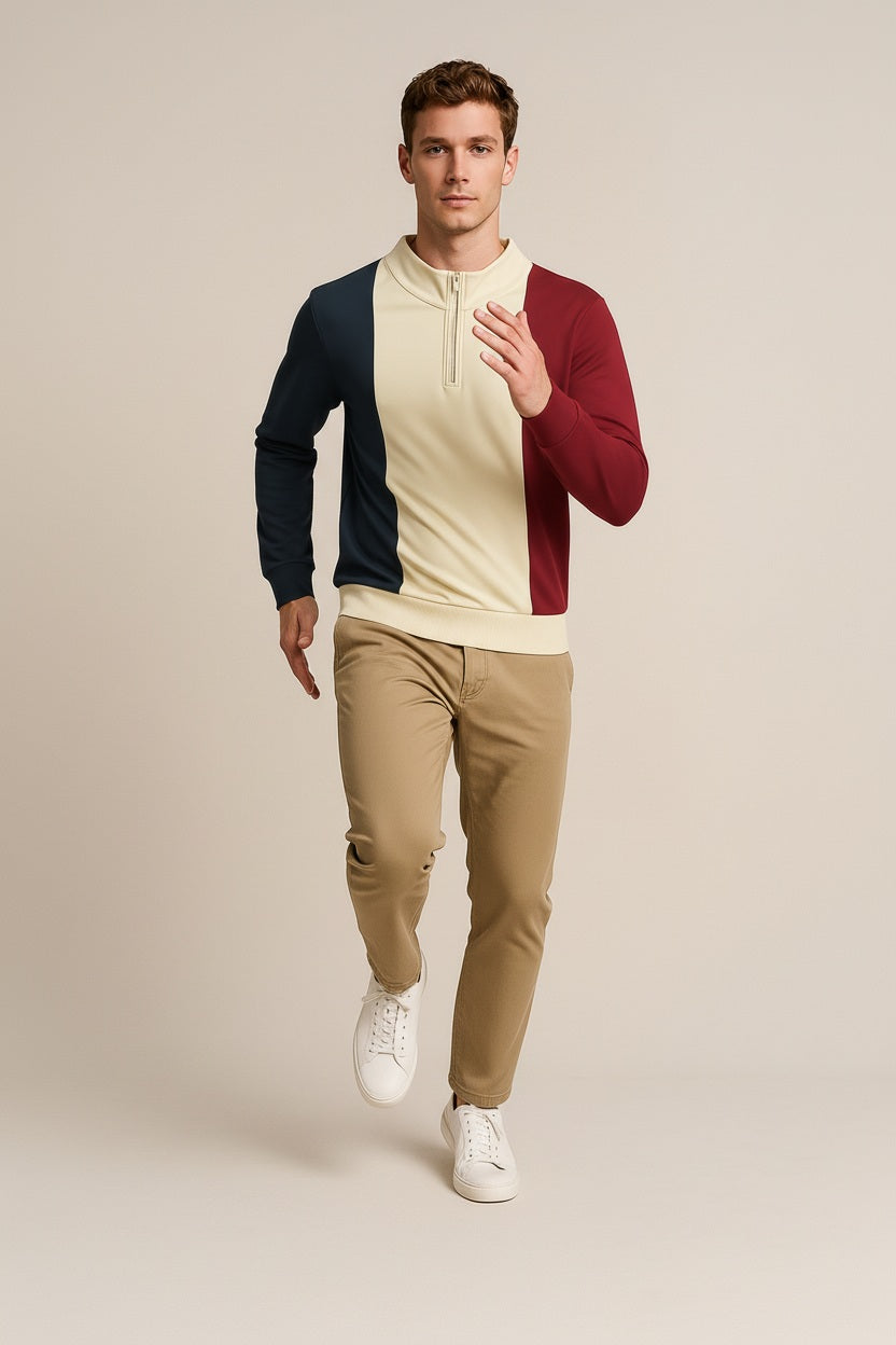 Octave Men Sand Colourblocked Mandarin Neck Sweatshirt