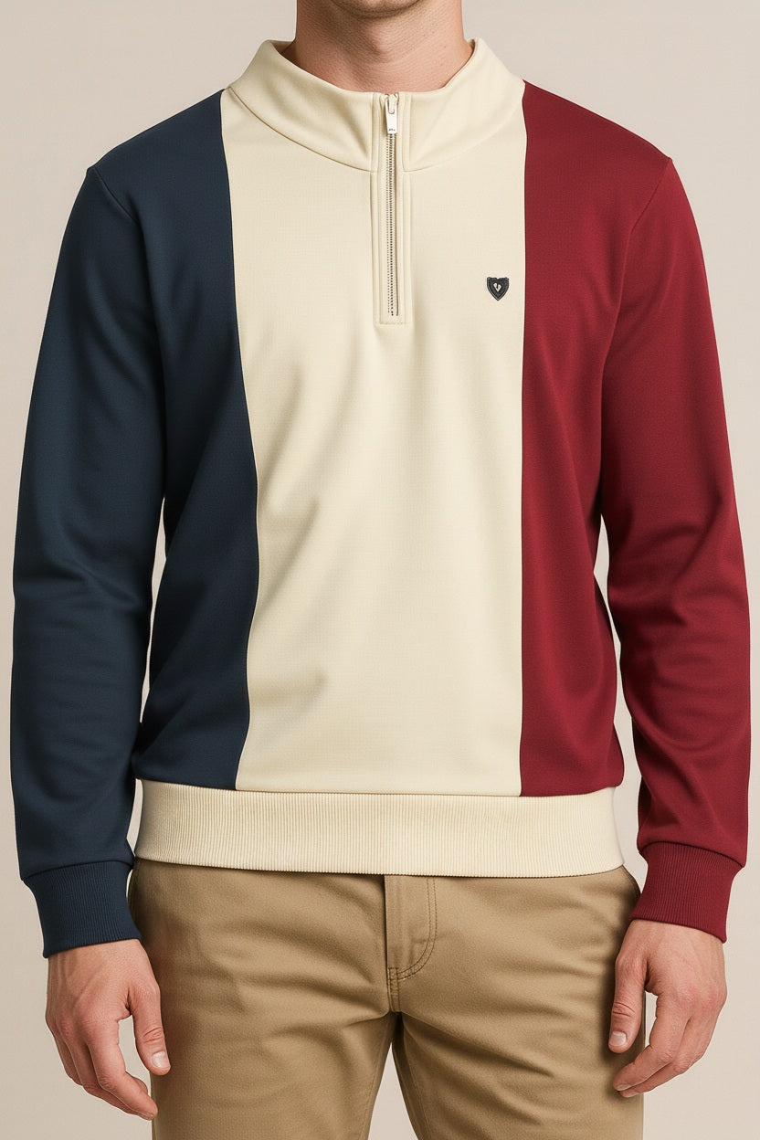 Octave Men Sand Colourblocked Mandarin Neck Sweatshirt