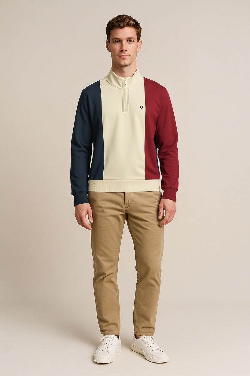 Octave Men Sand Colourblocked Mandarin Neck Sweatshirt