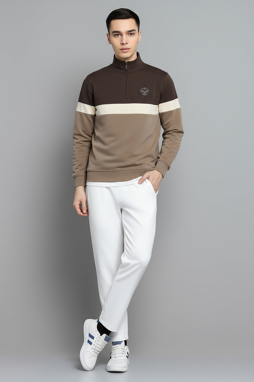 Octave Men Coffee Colourblocked Mandarin Neck Sweatshirt