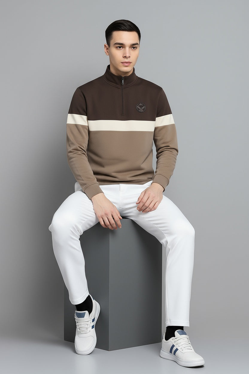 Octave Men Coffee Colourblocked Mandarin Neck Sweatshirt