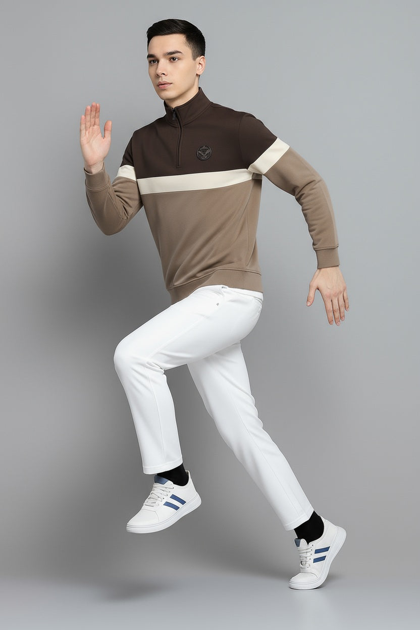 Octave Men Coffee Colourblocked Mandarin Neck Sweatshirt