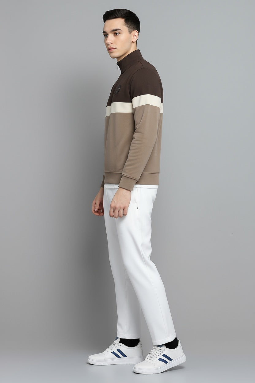 Octave Men Coffee Colourblocked Mandarin Neck Sweatshirt