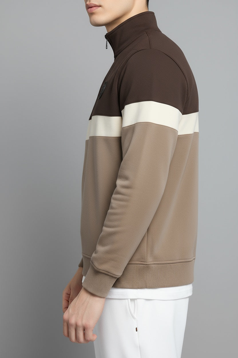 Octave Men Coffee Colourblocked Mandarin Neck Sweatshirt