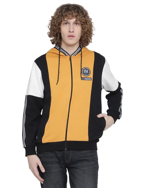 Octave Men Yellow Fleece Colourblocked Hooded Sweatshirt