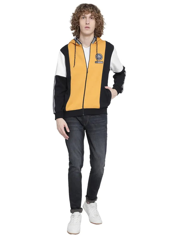 Octave Men Yellow Fleece Colourblocked Hooded Sweatshirt