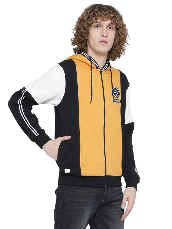 Octave Men Yellow Fleece Colourblocked Hooded Sweatshirt